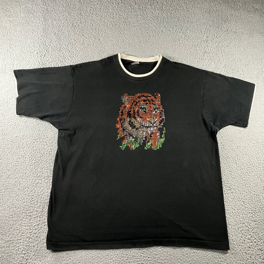 VTG 90s Fruit of the Loom Ribbon Tag 3XL Ringer Shirt Rhinestone Tiger Bling